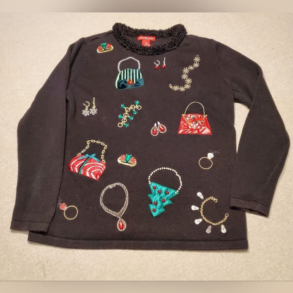 Merry & Bright Christmas Shopping Holiday Sweater in Size L